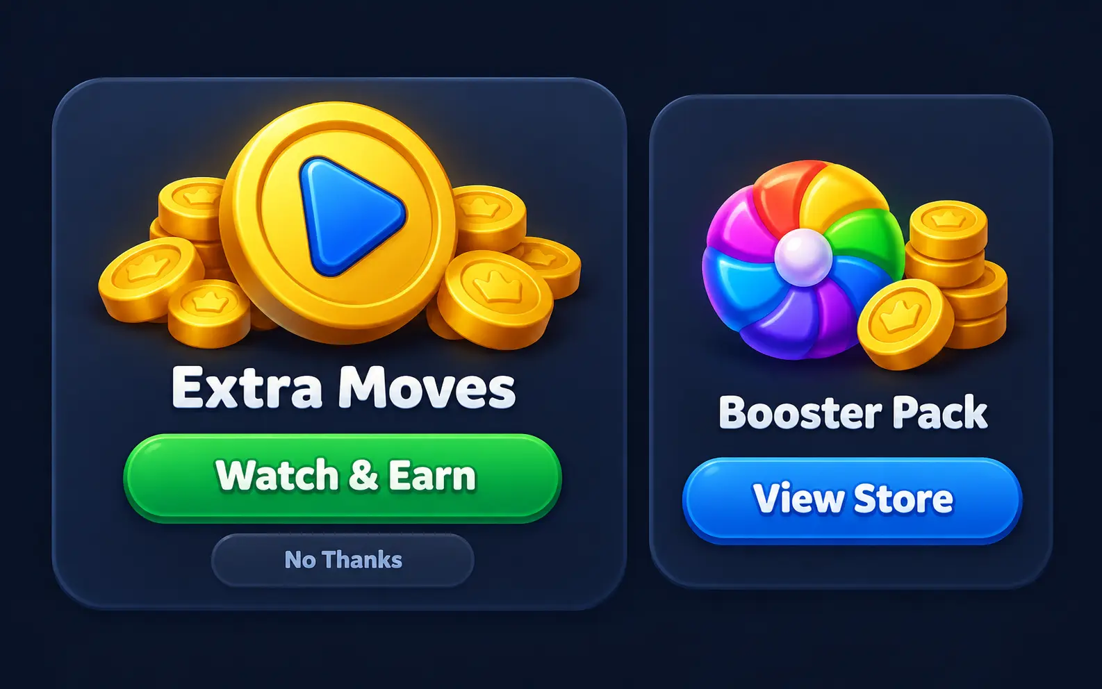 Rewarded ad prompt and in-app store concept screen in a casual mobile game