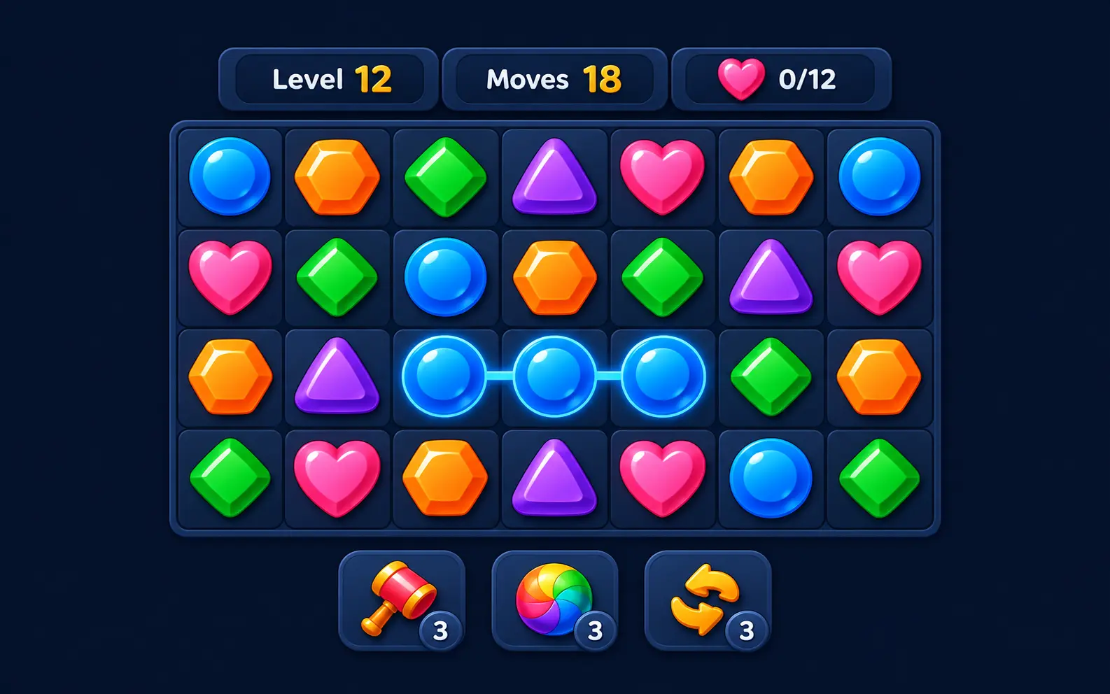 Match-3 gameplay concept screen with tiles, blockers, and boosters