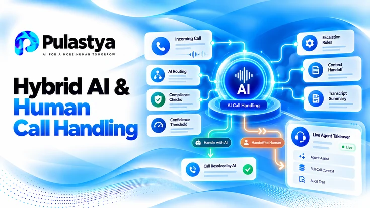 Hybrid AI and human call handling by Pulastya, showing AI call routing, compliance checks, escalation rules, context handoff, and live agent takeover.