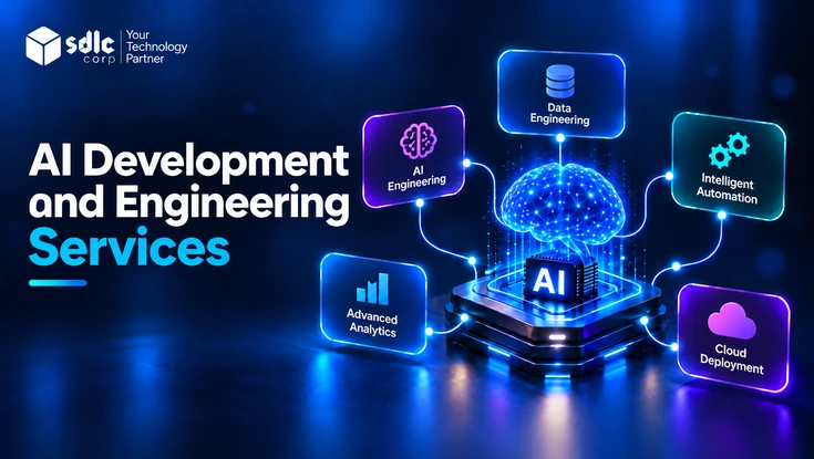AI Development and Engineering Services by SDLC Corp featuring AI engineering, data engineering, intelligent automation, advanced analytics, and cloud deployment.