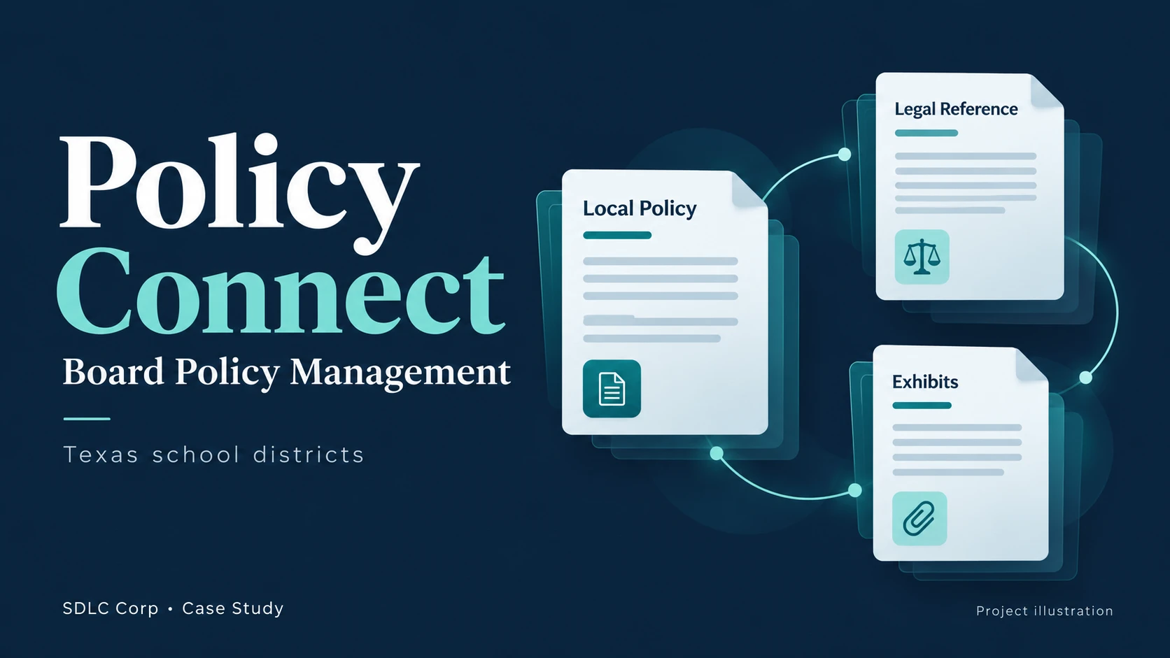 Policy Connect branded case-study illustration for Texas school-district board policy management
