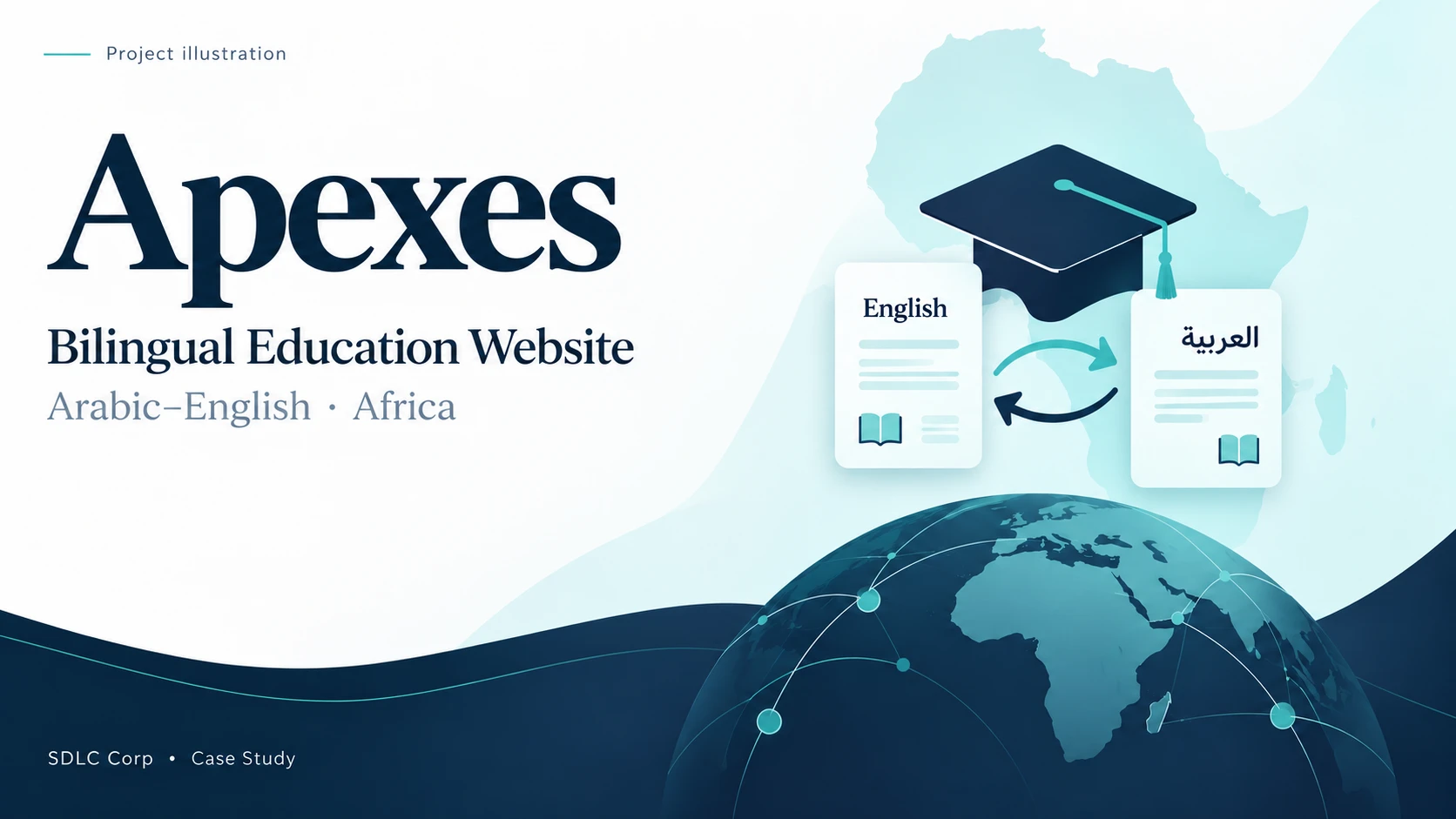 Apexes branded illustration of an Arabic–English education website