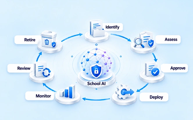 School AI governance lifecycle illustrating seven stages: identify, assess, approve, deploy, monitor, review, and retire, with AI risk management and compliance controls.