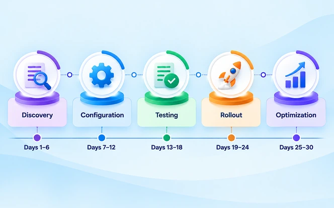 30-day AI governance implementation roadmap showing five phases: discovery, configuration, testing, rollout, and optimization, with timelines and icons.