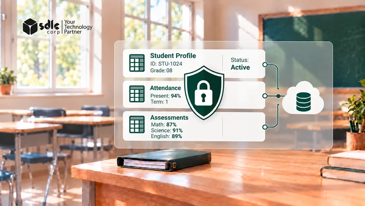 AI governance for schools: sample student records showing grades and attendance alongside a shield, padlock, and cloud database.
