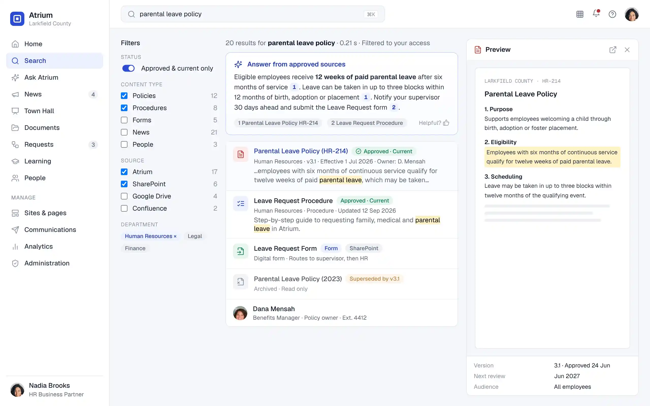 Atrium search results for parental leave policy with filters, an answer from approved sources, approval status labels and a document preview
