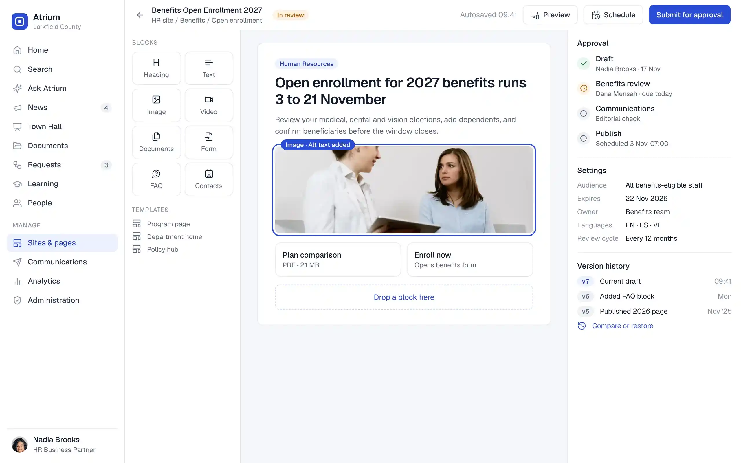 Atrium page editor for a benefits enrollment page with content blocks, a four-step approval chain, page settings and version history