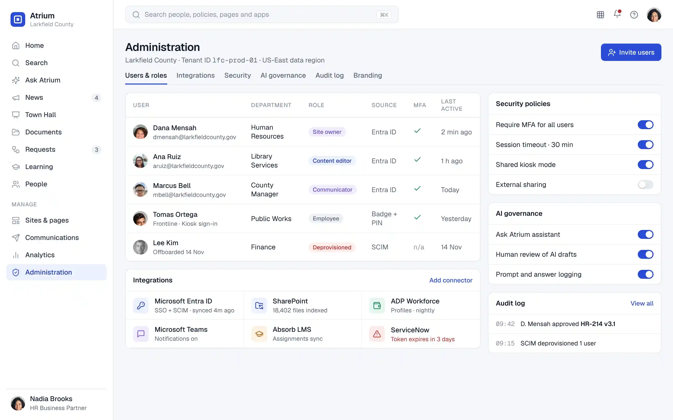 Atrium administration console with users and roles, identity sources, MFA status, connected integrations, security policy toggles, AI governance settings and an audit log