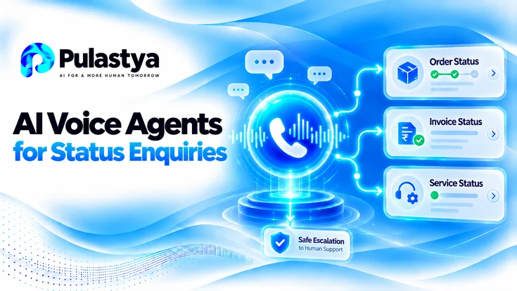Pulastya AI voice agents for status enquiries, featuring automated order tracking, invoice status checks, service updates, and safe escalation to human support.