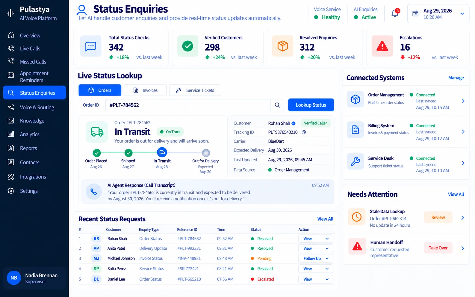Pulastya AI voice agents handling order, invoice and service status enquiries with automated status checks and safe escalation to human support