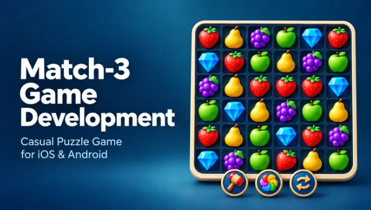 Match-3 puzzle game with colorful gems on a mobile screen