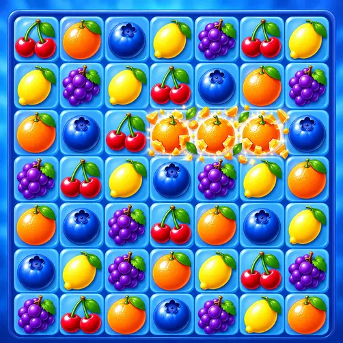 Match-3 puzzle board of colourful fruit tiles with a row of oranges bursting in a casual mobile game