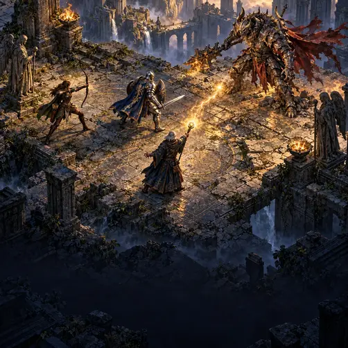 Archer, knight, and mage facing a winged dragon in a ruined stone dungeon in a strategy RPG