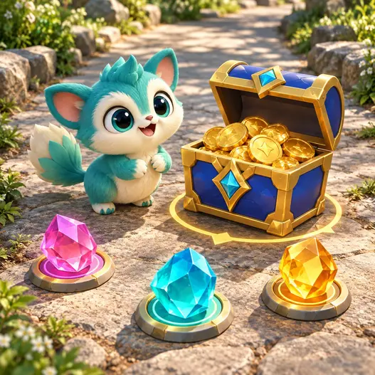 Teal fantasy creature beside an open treasure chest and glowing gems on a stone path in an AR treasure-hunt game