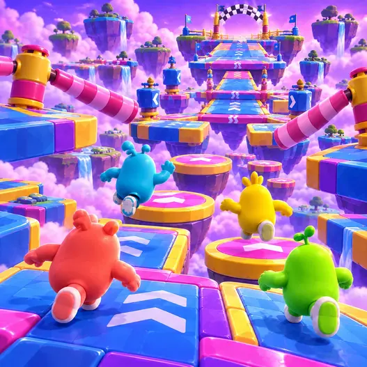 Colourful jelly-bean characters racing across floating obstacle platforms in a multiplayer party game