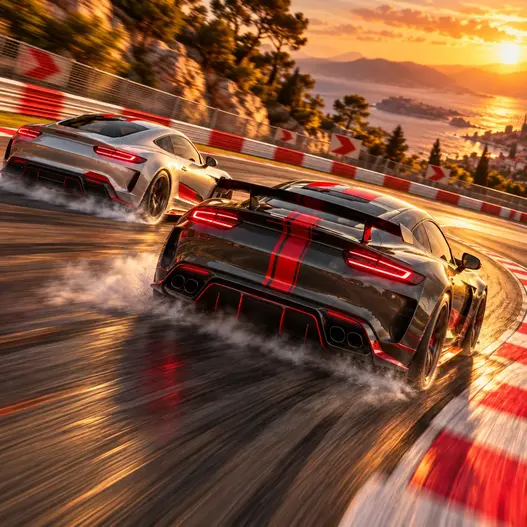 Sports car drifting around a coastal race track at sunset in a racing simulation game