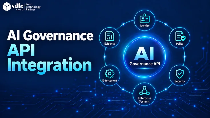 AI governance API integration diagram connecting identity, policy, security, enterprise systems, enforcement and evidence.