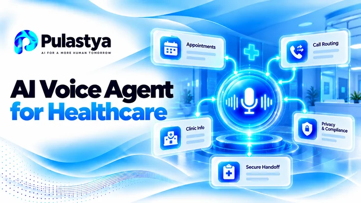 Pulastya AI Voice Agent for Healthcare showing appointment scheduling, call routing, clinic information, patient privacy, and secure handoffs.