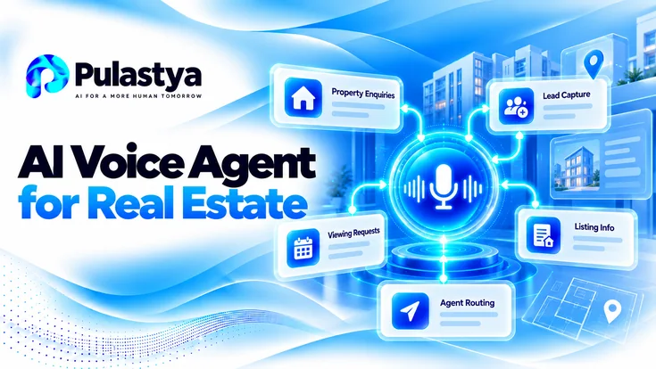 Pulastya AI voice agent for real estate showing property enquiries, lead capture, viewing requests, listing information, and intelligent agent routing.