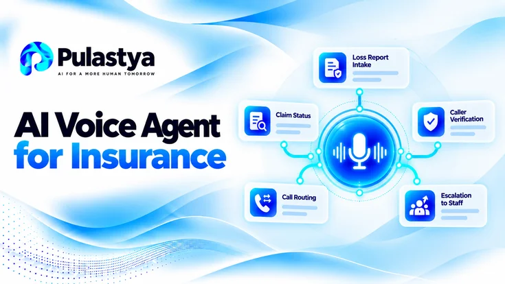 Pulastya AI voice agent for insurance showing loss report intake, claim status, caller verification, call routing, and escalation to staff.