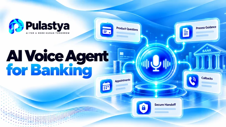 Pulastya AI Voice Agent for Banking showing product questions, process guidance, appointment scheduling, callbacks, and secure human handoff.