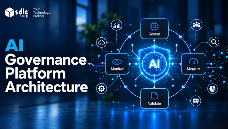 AI governance platform architecture diagram linking a central AI system to Govern, Monitor, Measure, and Validate controls.