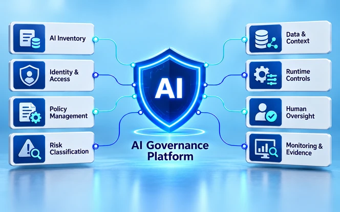 AI governance platform diagram with a central AI shield connected to inventory, identity, policy, risk, data, runtime controls, human oversight, and monitoring.