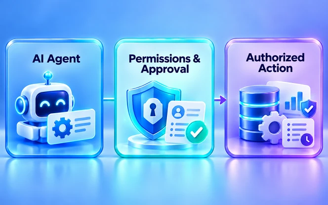 AI agent governance flow showing an agent, permission and approval checks, and an authorized action with an audit record.
