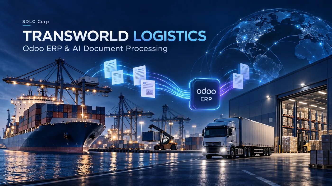 Conceptual Transworld Logistics artwork showing logistics operations connected through Odoo ERP and AI document processing