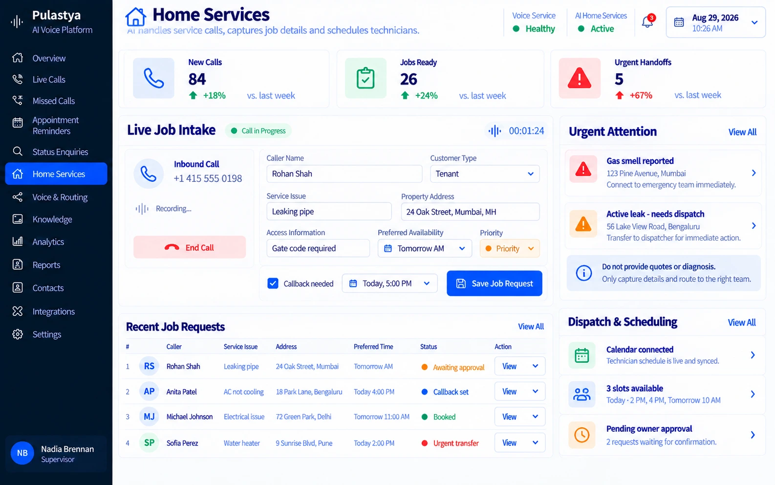Pulastya home services AI voice agent dashboard for urgent call triage, job capture, scheduling and smart routing