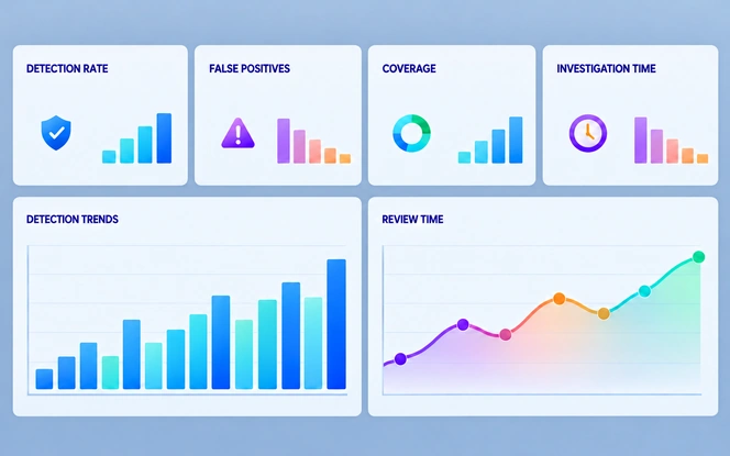 AI prompt monitoring effectiveness dashboard showing detection rate, false positives, coverage, investigation time, and monitoring trends.