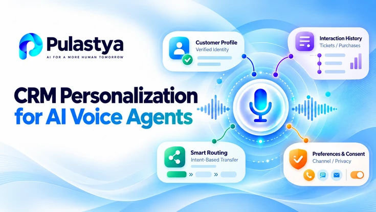 Pulastya CRM personalization for AI voice agents showing customer profiles, interaction history, smart call routing, and privacy preferences.