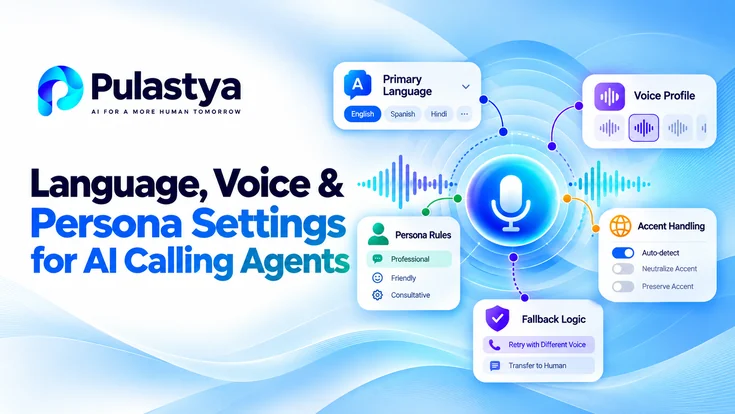 Pulastya AI calling agent language, voice, and persona settings featuring multilingual language selection, voice profiles, persona rules, accent handling, and fallback options.