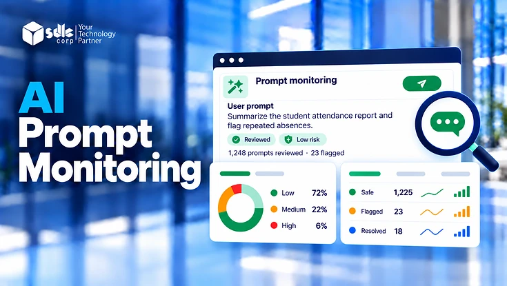 AI prompt monitoring dashboard on a laptop showing a student attendance request and prompt metadata, with the SDLC Corp logo.