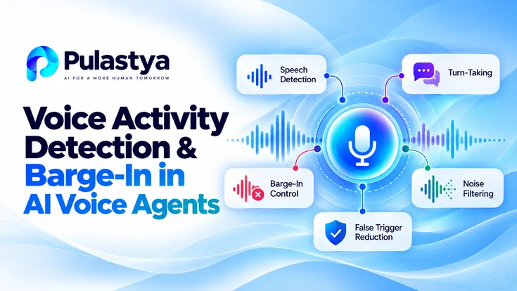 Pulastya AI voice agents illustrating voice activity detection, turn-taking, barge-in control, noise filtering, and false trigger reduction.