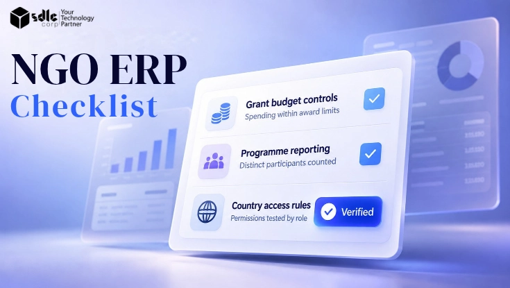 NGO ERP checklist showing grant budget controls, programme reporting, and country access rules with verified requirements.