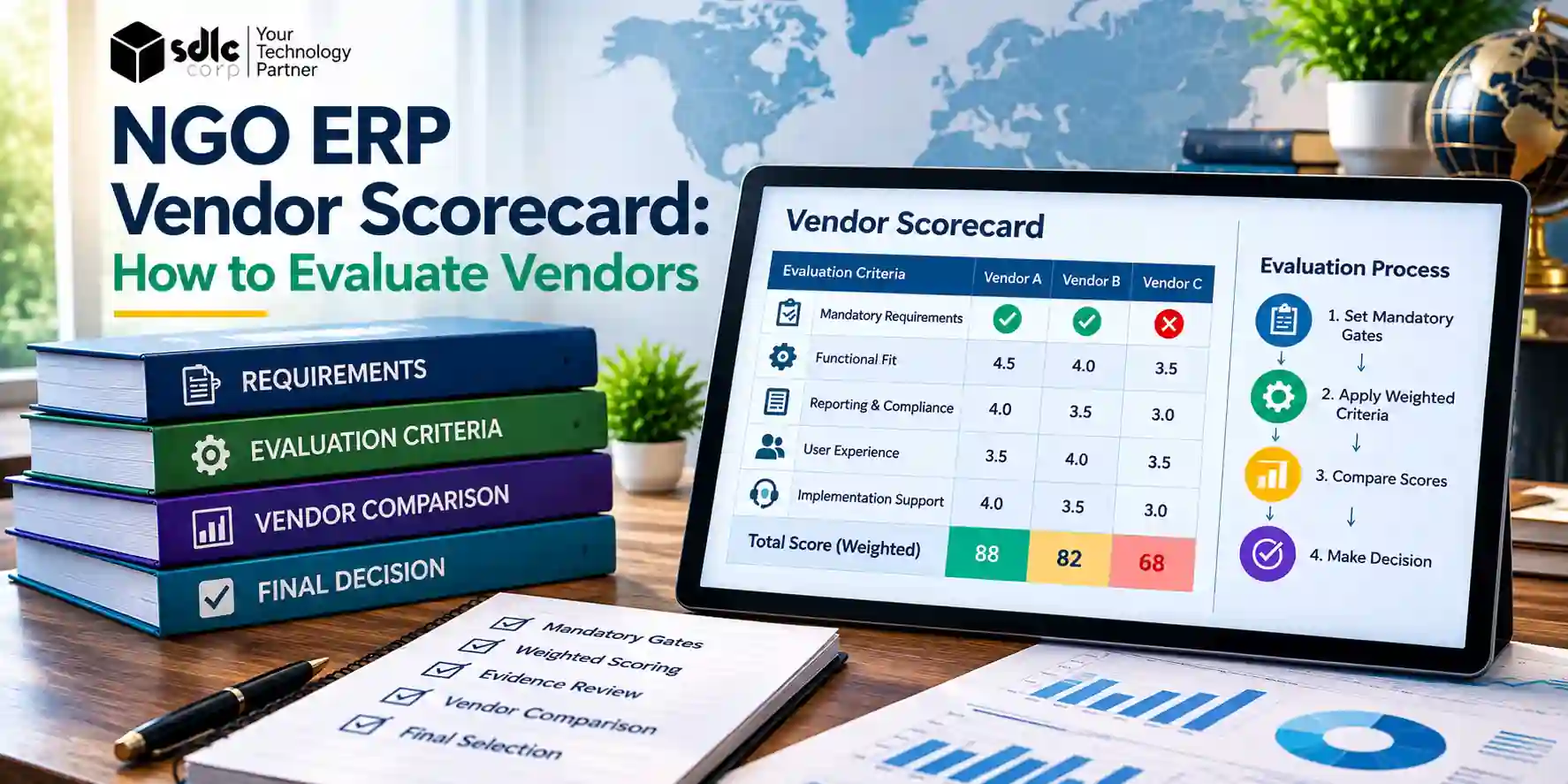 NGO ERP vendor scorecard showing evaluation criteria, weighted vendor scores, mandatory requirements, and a four-step vendor evaluation process.