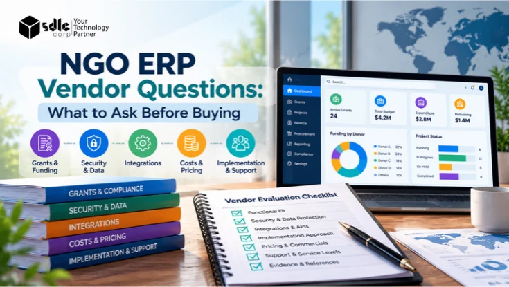 NGO ERP vendor questions checklist covering grants, security, integrations, pricing, implementation, and support