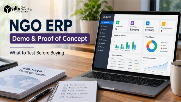 NGO ERP demo and proof of concept banner showing an ERP dashboard with testing scenarios, expected results, and evaluation checks.