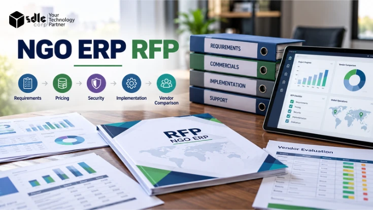 NGO ERP RFP banner showing requirements, pricing, security, implementation, vendor comparison, ERP dashboard, and evaluation documents.