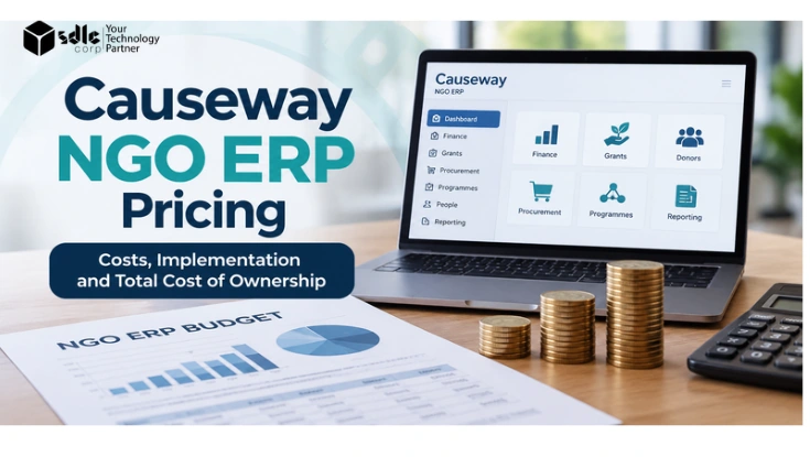 Causeway NGO ERP pricing banner showing an ERP dashboard, budget report, cost analysis charts, coin stacks, and total cost of ownership.