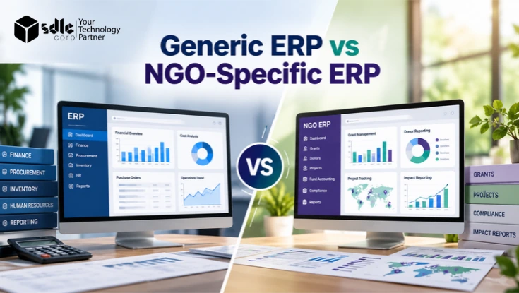 Generic ERP vs NGO-specific ERP comparison showing finance, procurement and reporting alongside grants, donor management, compliance and impact reporting.