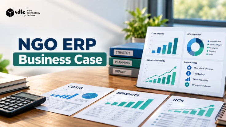 NGO ERP Business Case dashboard showing cost analysis, ROI projections, operational benefits, impact areas, and financial planning reports.