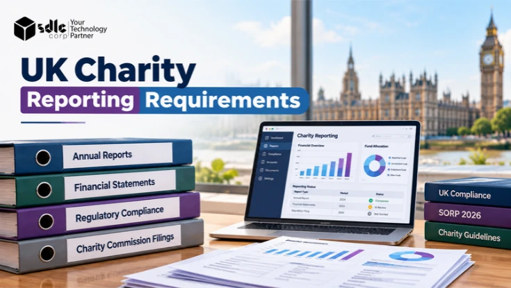 UK Charity Reporting Requirements banner featuring charity reporting dashboard, annual reports, financial statements, regulatory compliance, SORP 2026, and UK compliance records.