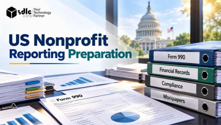 US nonprofit reporting preparation banner featuring Form 990 documents, financial records, compliance files, workpapers, and reporting charts.