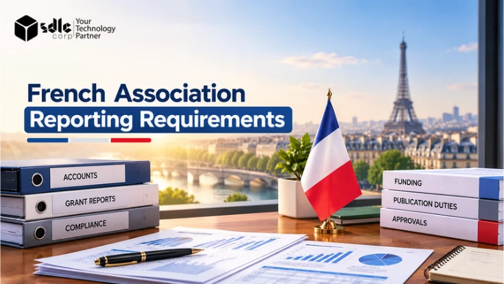French Association Reporting Requirements banner featuring compliance reports, grant records, financial charts, a French flag, and the Eiffel Tower.