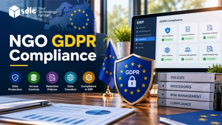 NGO GDPR compliance banner showing an ERP privacy dashboard, GDPR security shield, EU symbols, and data protection controls.
