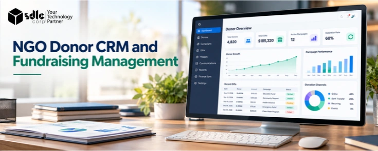 NGO donor CRM and fundraising management dashboard showing donor records, gifts, campaigns, retention, and donation analytics.