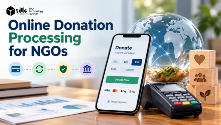 Online donation processing for NGOs with a mobile donation form, secure payment terminal, global network, and payment workflow icons.