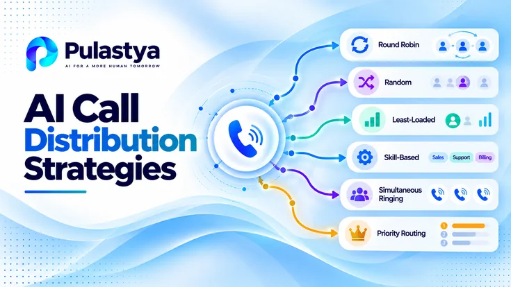 AI call distribution strategies showing Round Robin, Random, Least-Loaded, Skill-Based, Simultaneous Ringing, and Priority Routing for voice agent call routing